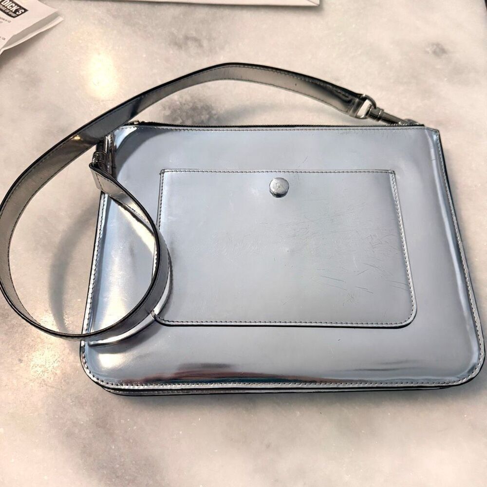 Celine Paris Trio Leather Metallic Removable Strap Purse Silver Shoulder Bag